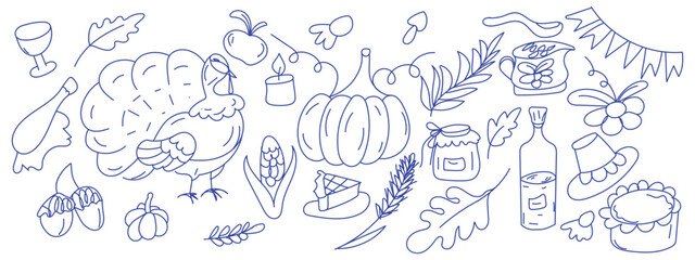 Thanksgiving doodle illustration with turkey pumpkin and autumn harvest elements