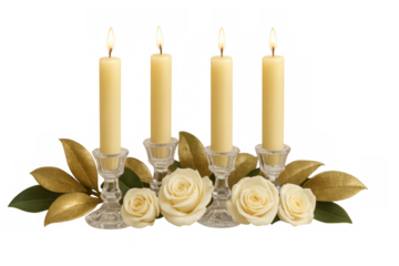 Four burning candles in glass holders with white roses, green and golden leaves, transparent background