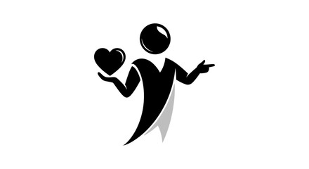 Stylized human figure holding a heart and pointing.