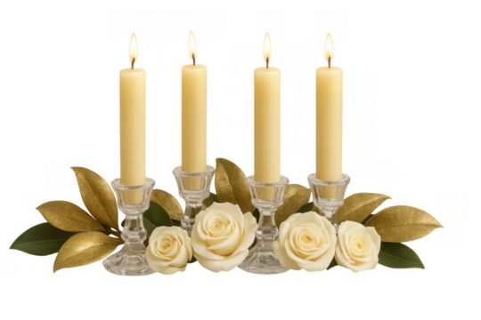 Four burning candles in glass holders with white roses, green and golden leaves, transparent background