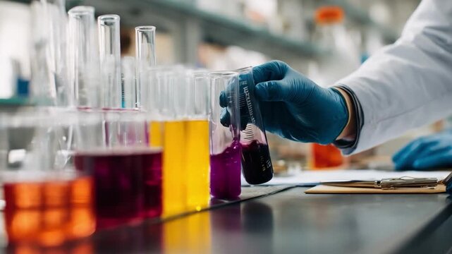 Medium shot of a lab technician measuring grape juice samples focusing on fermentation monitoring and quality control processes.
