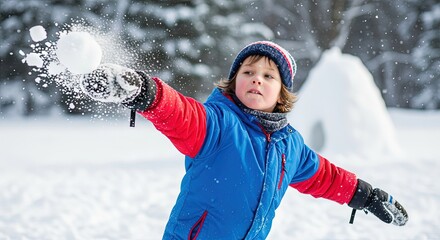 Rambunctious and energetic young boy is throwing a snowball in the outdoor suburban scene. Snowy winter seasonal concept