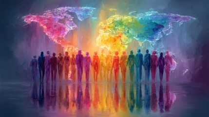 Colorful silhouettes of people are positioned in front of a brightly colored world map. This abstract artwork symbolizes unity and diversity, showcasing a harmonious blend of shapes and colors.