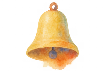 Golden bell watercolor illustration with a dark purple clapper, creating a festive holiday decoration, transparent background