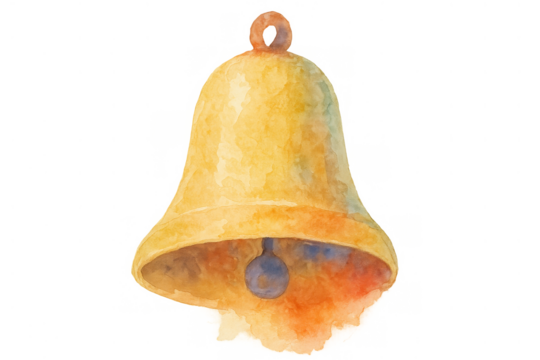 Golden bell watercolor illustration with a dark purple clapper, creating a festive holiday decoration, transparent background