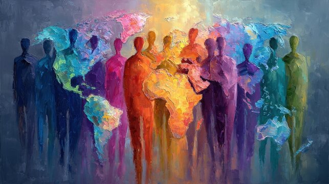 Diverse figures gather around a vibrant world map, symbolizing unity and collaboration across cultures. The colorful silhouettes highlight the importance of global connections and understanding.