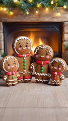 Gingerbread family poses in living room in front of fireplace for Christmas holiday photo