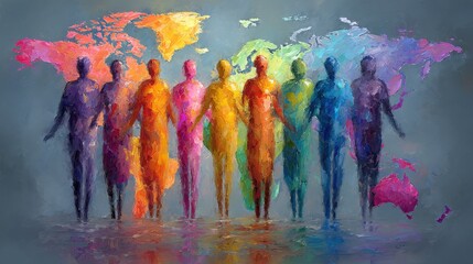 Colorful silhouettes of people stand together in harmony against a vibrant world map background. The artwork represents unity and diversity among different cultures and communities.