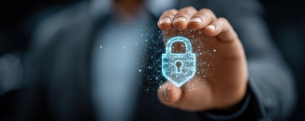Businessman presents digital lock hologram symbol representing cybersecurity and data protection in modern work environment