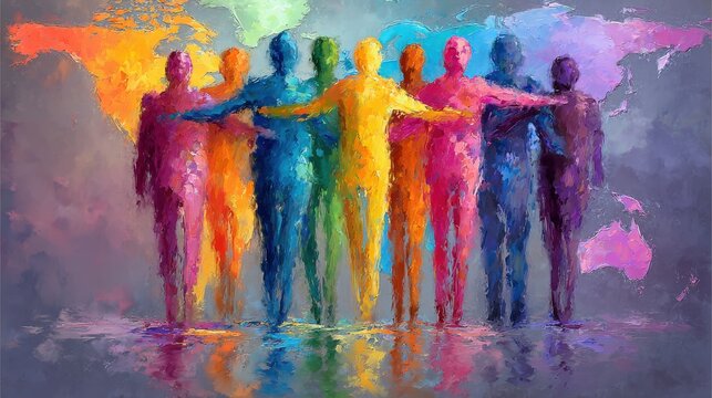 A group of colorful human figures stands together with arms linked, set against a lively world map. The artwork symbolizes unity and diversity in a bright, abstract style.