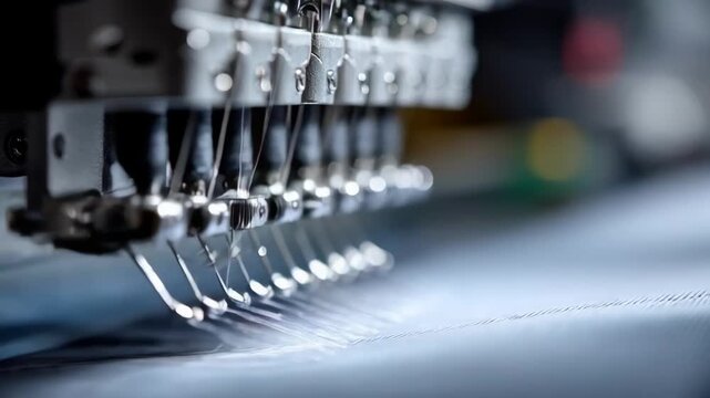 Closeup of automatic stitching producing neat running stitches on a lightweight textile capturing dynamic motion and fine detail of programmed machine work.