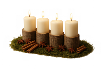 Advent wreath decoration with four burning candles, cinnamon, star anise, and moss on transparent background