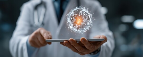 Doctor holds tablet with floating globe of connections, showcasing medical technology and digital health.