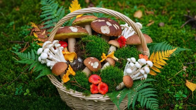 A basket of freshly foraged wild mushrooms on a mossy forest floor. Autumn harvest still life with boletes, chanterelles, and ferns. Vertical video of nature's bounty
