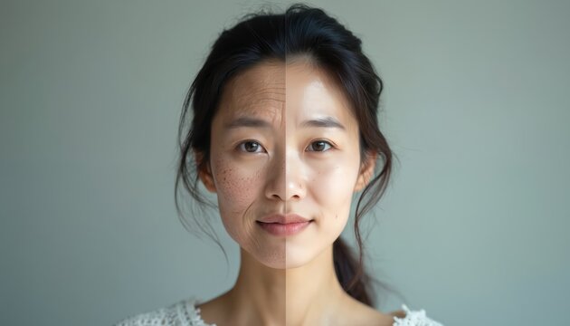 Split face comparison shows aged skin with wrinkles and spots next to smooth youthful complexion. Woman with mature face looks at camera, representing aging process and beauty treatments.