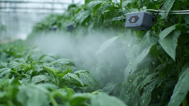 Medium shot of advanced misting system releasing fine water droplets in a greenhouse creating balanced humidity for healthy plant growth