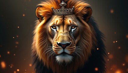 Majestic male lion with regal crown gazes intensely. Golden mane flows around powerful face. Fiery sparks float in dark background suggesting royalty and strength. This creature represents leadership.