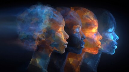 This artwork displays four stylized human profiles in various colors, representing evolution and diversity.