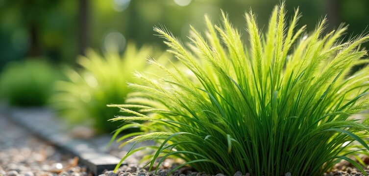 Lush green ornamental grass grows in a garden bed. Sunlight shines on the feathery seed heads. The plant creates a natural, serene garden atmosphere.