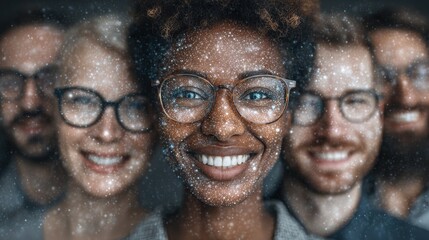 A joyous group of friends stands close together, smiling brightly. They are enjoying a casual moment, surrounded by a sparkling cosmic effect, conveying a sense of happiness and connection.