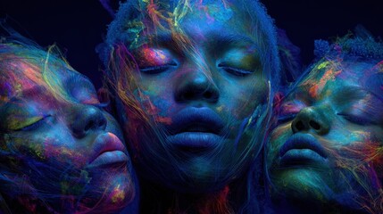 Three human faces merge in a captivating burst of colors, with vibrant patterns and textures enhancing their serene expressions. The artwork evokes deep emotions and creativity.