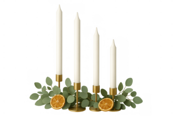 Advent candles with eucalyptus and dried oranges arrangement on transparent background, symbolizing christmas holiday spirit