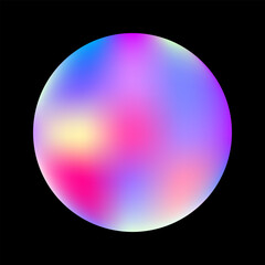 A vibrant sphere with holographic color gradients featuring bright pink, deep blue, and light purple tones, creating a futuristic abstract orb vector design element backdrop.