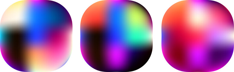 Three colorful gradient squircle shapes with vibrant neon color transitions, abstract modern vector design element for backgrounds, graphics, and ui components