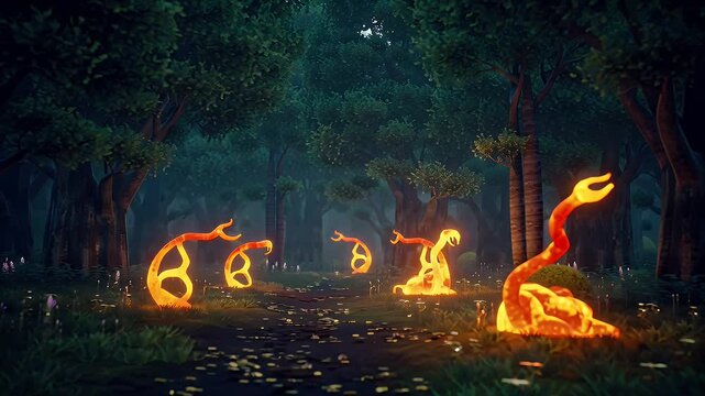 Enchanted Night Forest Path Illuminated by Glowing Firelike Creatures Floating