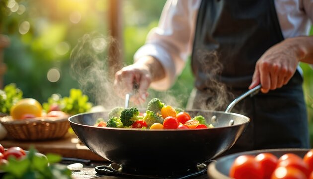 Person cooks vegetables outdoors in wok steam rises from broccoli and tomatoes. Chef stirs food on stove in garden kitchen. Fresh ingredients, healthy meal preparation.