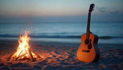 Acoustic guitar rests on sandy beach next to glowing campfire at twilight ocean. Peaceful scene with warm fire light and calm sea waves under dusky sky.