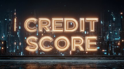 A glowing neon sign displays the words credit score in a dark, futuristic urban environment. Bright lights illuminate the background, creating a tech-inspired atmosphere.