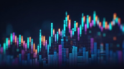 Vibrant graph shows stock market trends with rising bars in blue, purple, orange, and green. The dark background enhances the colorful display, indicating market activity and fluctuations.