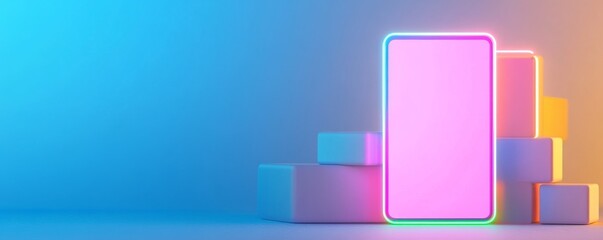 Neon Phone Mockup on Pastel Cube Display, Technology , 3D Render