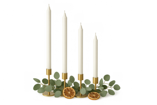 Four white candles in golden holders with eucalyptus branches and dried orange slices on transparent background - Powered by Adobe