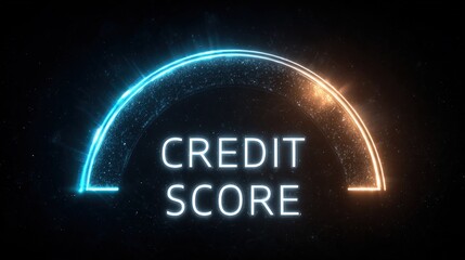 A bright and colorful display shows a credit score gauge. The gauge features a glowing arc with blue and orange hues. It emphasizes the importance of financial health in modern life.