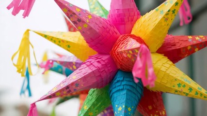 Close-up of a vibrant, multi-colored star piñata swaying gently. Traditional Mexican party decoration for a birthday, fiesta, or Cinco de Mayo celebration. Vertical video - Powered by Adobe