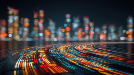 Bright lights from a bustling city skyline illuminate the night sky, reflecting on a glossy surface. Colorful streaks of light create a dynamic scene filled with energy and movement.