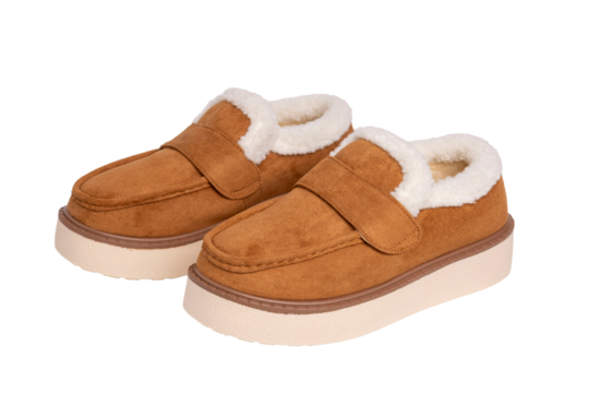 Brown suede shearling loafers with platform sole
