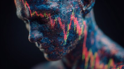 A man with artistic body paint displays various stock market trends in vibrant colors. The detailed patterns illustrate market fluctuations, creating a striking visual impact.