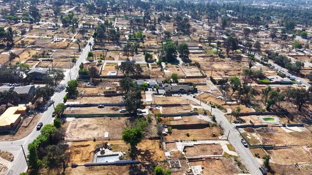 LOS ANGELES - 9.10.2025 - Stunning aerial panorama of a Los Angeles neighborhood where all the homes have been eradicated by the Eaton wildfires.