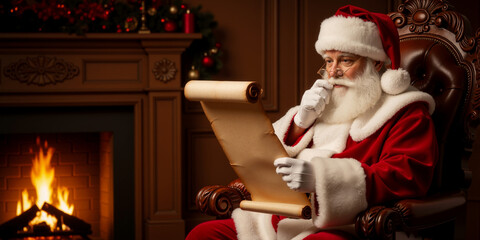 Santa Claus sitting in an armchair, holding a scroll and looking thoughtful by a fireplace. Christmas tradition and holiday planning banner with copy space