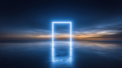A glowing rectangular doorway stands on a serene beach at sunset, reflecting softly on the water. The sky transitions from light to dark, creating a magical atmosphere.