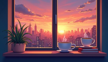 Two cups of hot coffee sit on windowsill with beautiful sunset city view. A green plant rests beside steaming mugs. Buildings and skyscrapers glow against colorful sky. Warm, cozy urban scene.