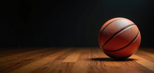 Single basketball rests on polished wood court surface. Dark background contrasts with orange ball. Gym floor shows grain detail. Indoor sports equipment waits for game.