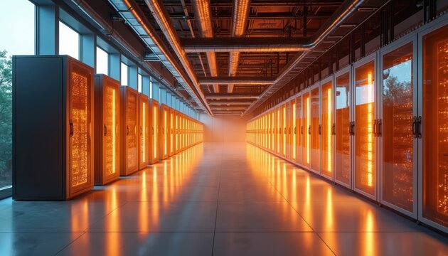 Rows of glowing orange servers line a modern data center hall. Advanced cooling pipes run overhead. Gleaming floors reflect server lights. Large windows show green trees outside.
