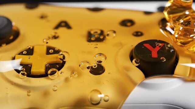Watch as golden honey cascades over a gaming controller, creating beautiful patterns and textures. This unique blend of gaming and nature captivates the imagination.
