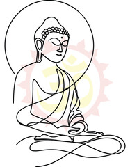 Elegant Line Art Depiction of Buddha in Meditation with Halo and Om Symbol Background for Spiritual Themes and Minimalist Design Projects