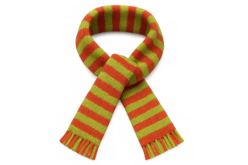 Knitted winter scarf in vibrant orange and green stripes providing warmth and fashion accessory