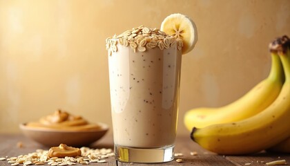 Creamy banana peanut butter oat shake served in glass with oats, banana slice garnish. Ingredients like oats, peanut butter, fresh bananas surround beverage on rustic wooden surface with warm